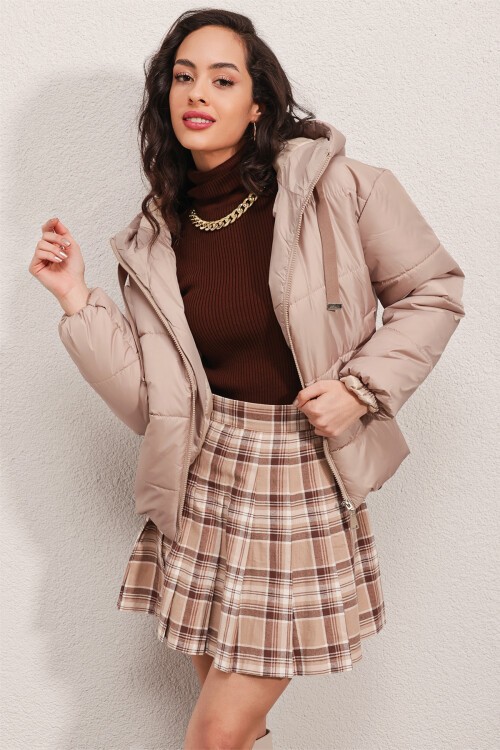 Merterium 5117 Kapşonlu Şişme Mont - Bej