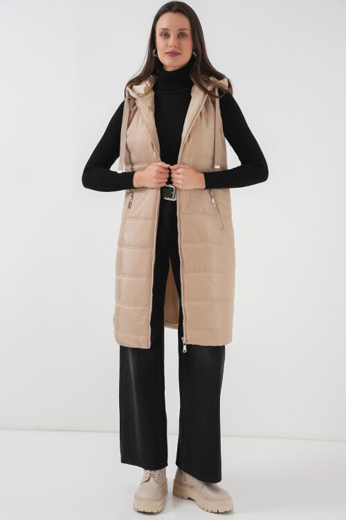 Merterium 5140 Kapşonlu Uzun Şişme Yelek - Bisküvi