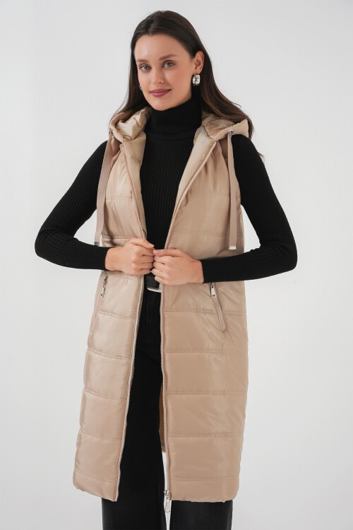 Merterium 5140 Kapşonlu Uzun Şişme Yelek - Bisküvi