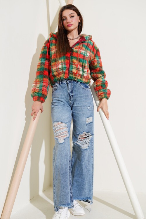 Merterium 5193 Kapüşonlu Peluş Crop Ceket - Çok Renkli