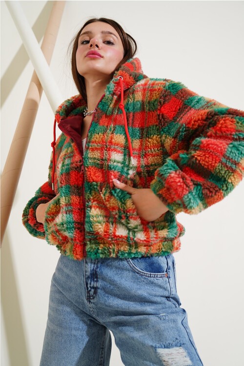 Merterium 5193 Kapüşonlu Peluş Crop Ceket - Çok Renkli