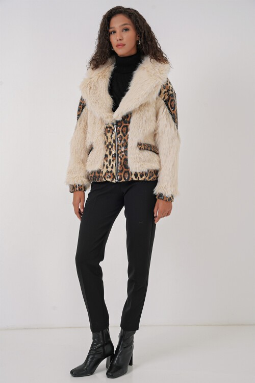 Merterium 5209 Peluş Kürk Mont - Krem