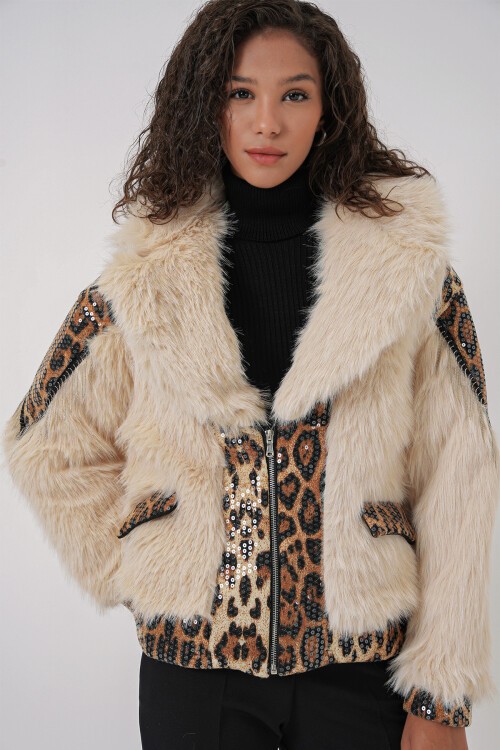 Merterium 5209 Peluş Kürk Mont - Krem