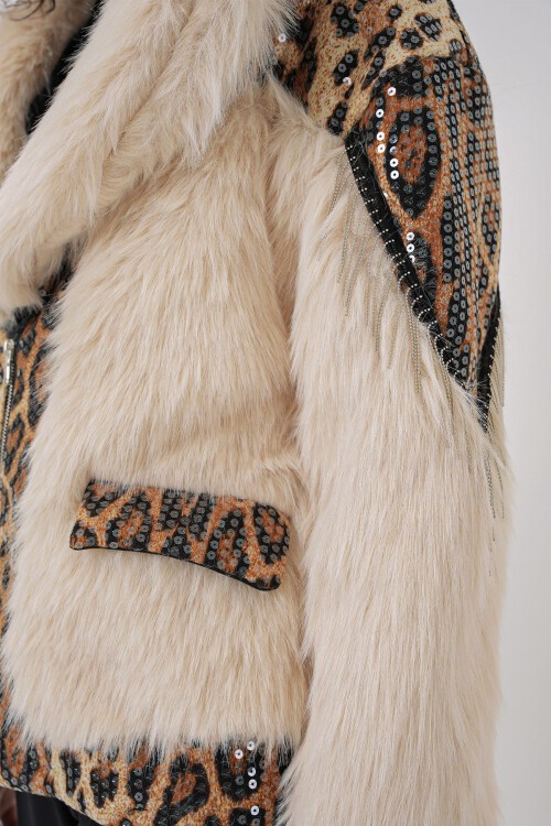 Merterium 5209 Peluş Kürk Mont - Krem