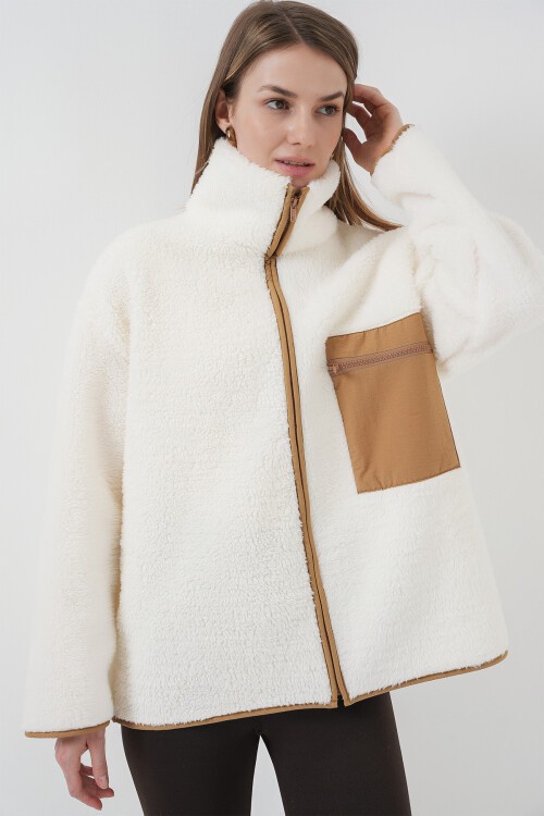 Merterium 55446 Fermuarlı Oversize Peluş Ceket Mont - Camel