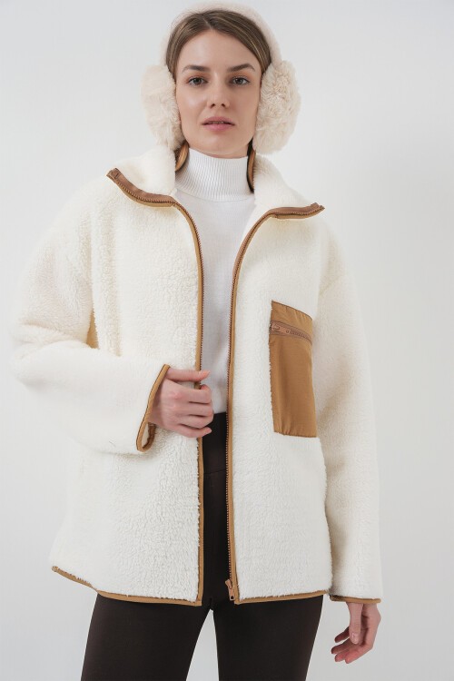Merterium 55446 Fermuarlı Oversize Peluş Ceket Mont - Camel