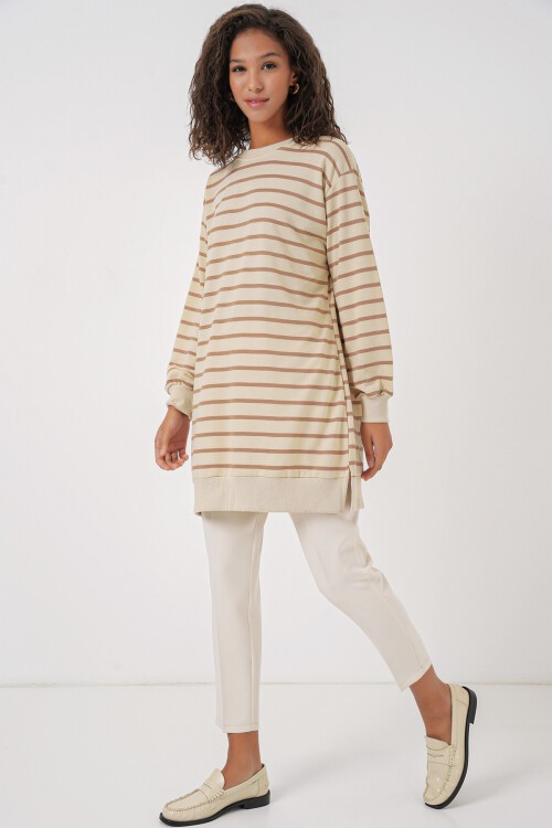 Merterium 55452 Kadın Bisiklet Yaka Çizgili Tesettür Tunik - Bisküvi