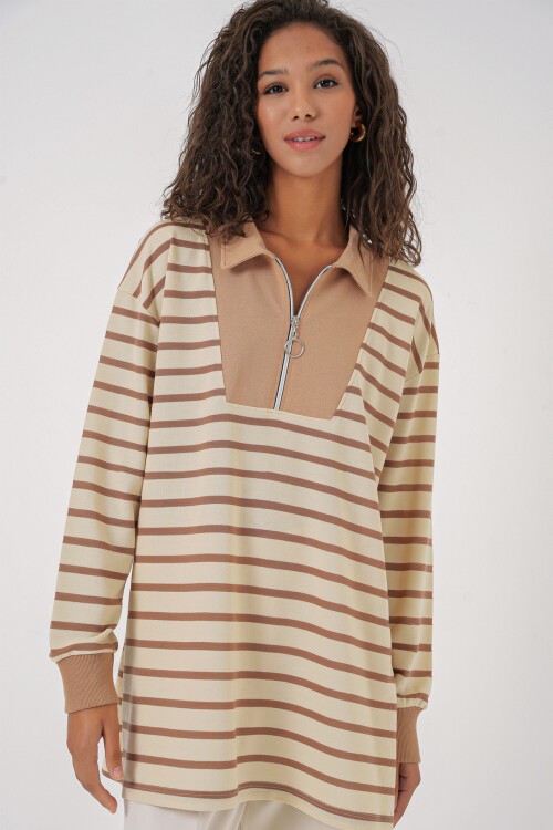 Merterium 55454 Kadın Fermuarlı Tesettür Tunik - Bisküvi