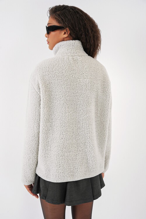 Merterium 55455 Kadın Fermuarlı Oversize Peluş Ceket - Taş