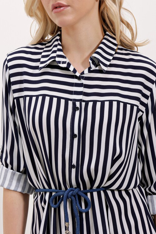 Merterium 5629 Çizgili Kemerli Elbise - Lacivert