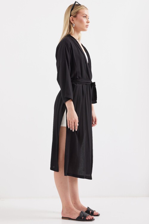 Merterium 5835 Yırtmaçlı Yazlık Kimono - Siyah