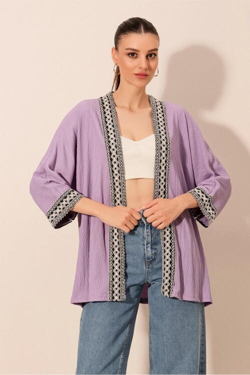 5866 Nakışlı Örme Kimono - Lila