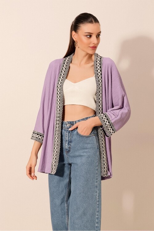 5866 Nakışlı Örme Kimono - Lila