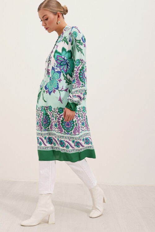 Merterium 5903 Desenli Viskon Elbise - Yeşil