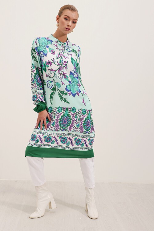 Merterium 5903 Desenli Viskon Elbise - Yeşil