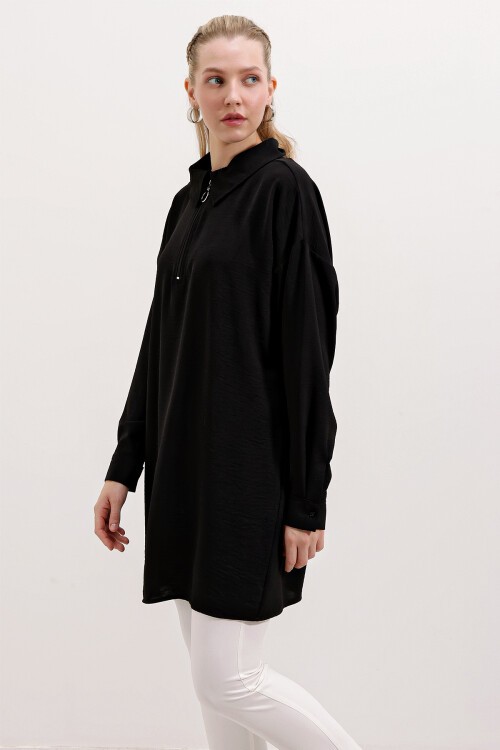 Merterium 5917 Fermuarlı Oversize Tunik - Siyah
