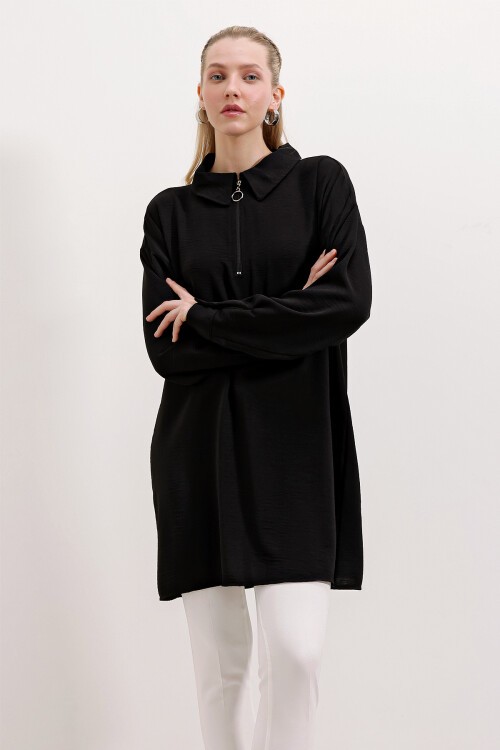 Merterium 5917 Fermuarlı Oversize Tunik - Siyah