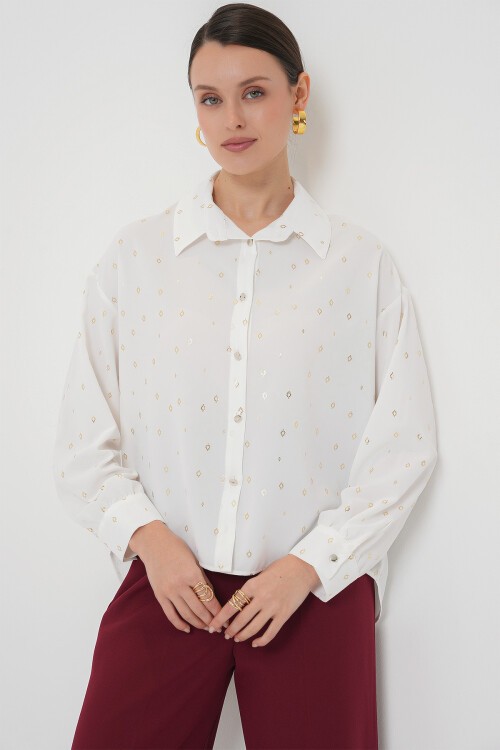 Merterium 5924 Kadın Gold Desenli Gömlek - B.Beyaz