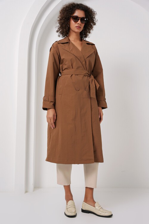 Merterium 5936 Kruvaze Yaka Trençkot - Taba