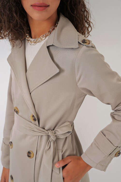 Merterium 5940 Kadın Kruvaze Yaka Uzun Trençkot - Taş