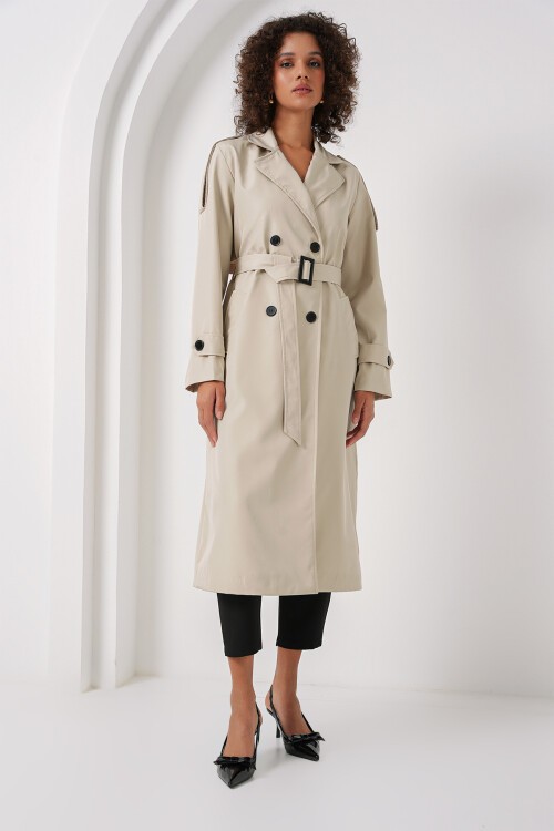 Merterium 5941 Kruvaze Yaka Uzun Trençkot - Taş