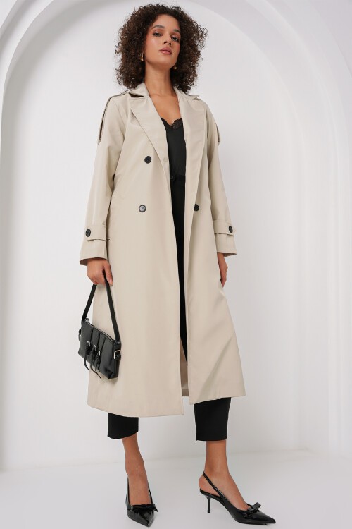 Merterium 5941 Kruvaze Yaka Uzun Trençkot - Taş