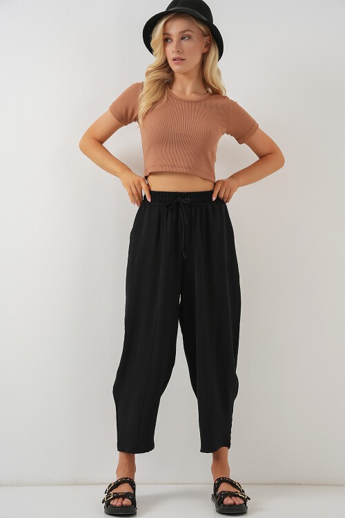 Merterium 6591 Dokuma Şalvar Pantolon - Siyah