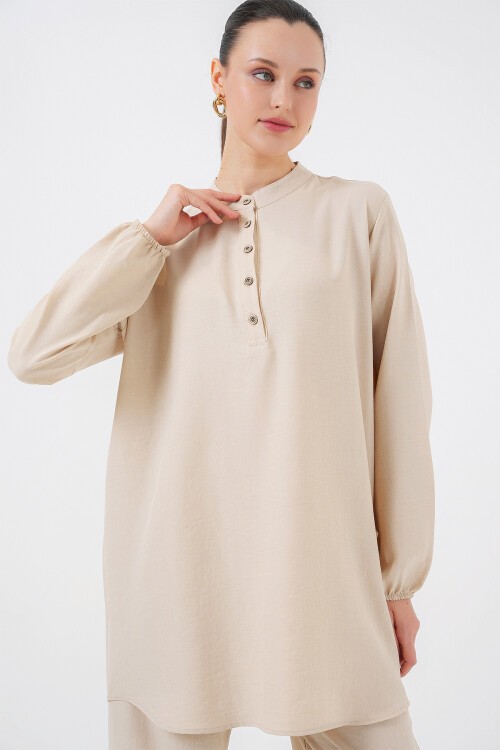 Merterium 6678 Keten Tunik Pantolon İkili Takım - Bej