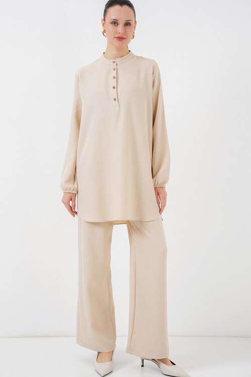 Merterium 6678 Keten Tunik Pantolon İkili Takım - Bej