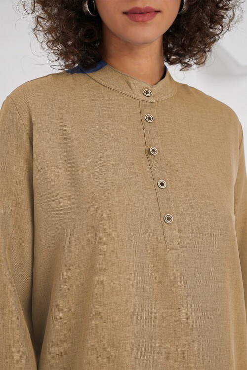 Merterium 6678 Keten Tunik Pantolon İkili Takım - Bisküvi