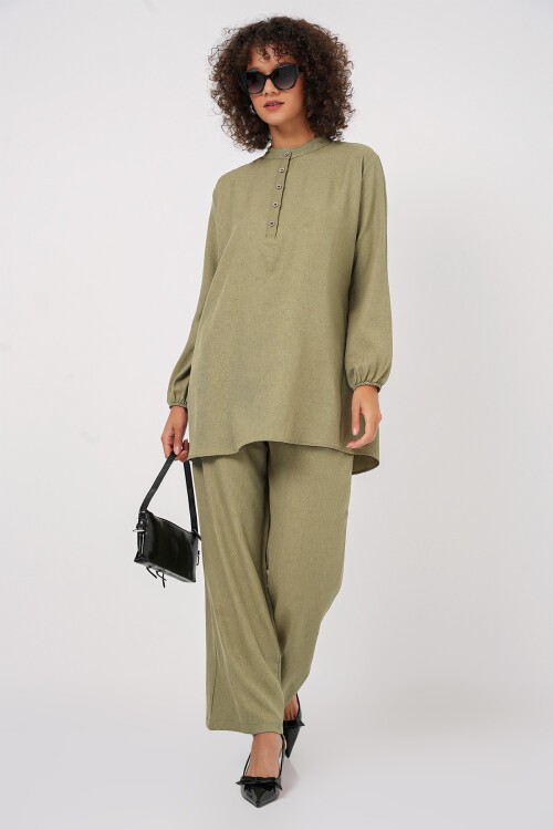Merterium 6678 Keten Tunik Pantolon İkili Takım - Çağla