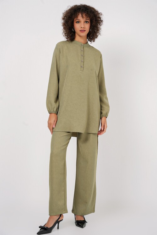 Merterium 6678 Keten Tunik Pantolon İkili Takım - Çağla