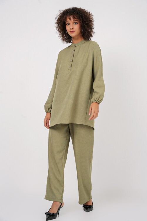 Merterium 6678 Keten Tunik Pantolon İkili Takım - Çağla