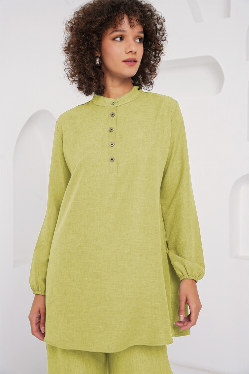 Merterium 6678 Keten Tunik Pantolon İkili Takım - G.Yeşil