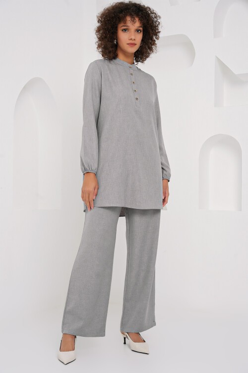 Merterium 6678 Keten Tunik Pantolon İkili Takım - Gri