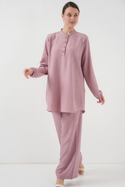 Merterium 6678 Keten Tunik Pantolon İkili Takım - Gül Kurusu
