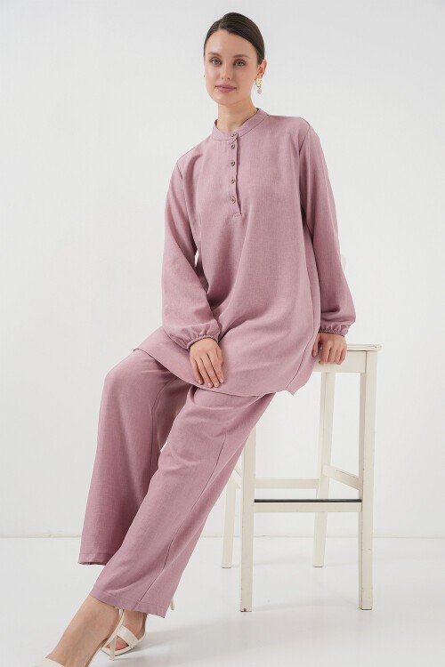Merterium 6678 Keten Tunik Pantolon İkili Takım - Gül Kurusu