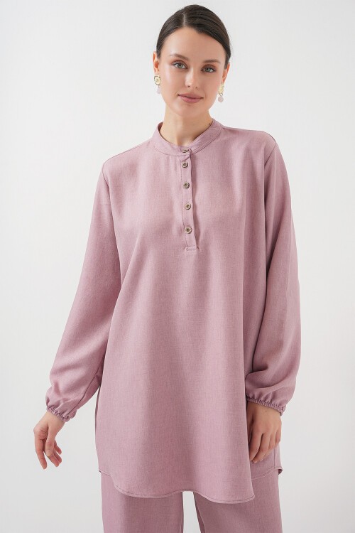 Merterium 6678 Keten Tunik Pantolon İkili Takım - Gül Kurusu