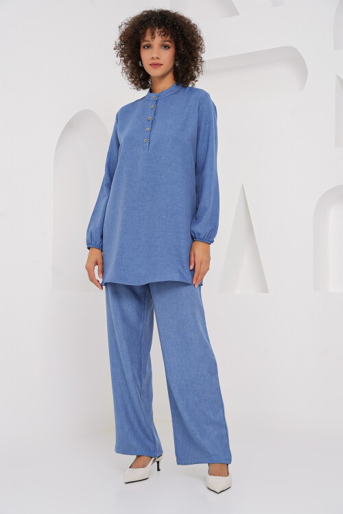 Merterium 6678 Keten Tunik Pantolon İkili Takım - İndigo