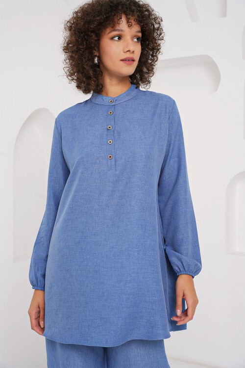 Merterium 6678 Keten Tunik Pantolon İkili Takım - İndigo