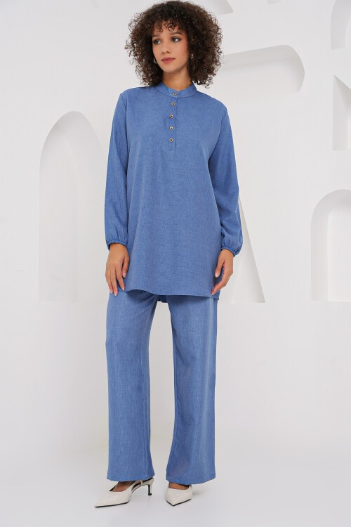 Merterium 6678 Keten Tunik Pantolon İkili Takım - İndigo
