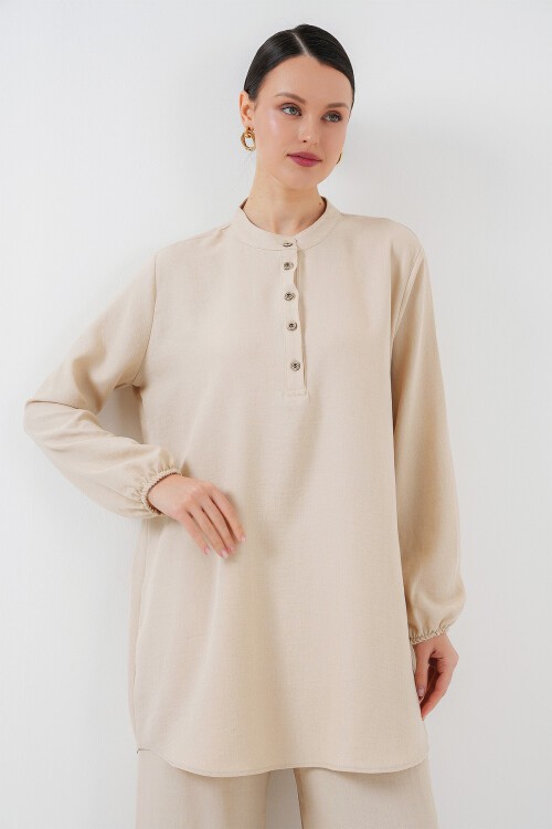 Merterium 6678 Keten Tunik Pantolon İkili Takım - Krem