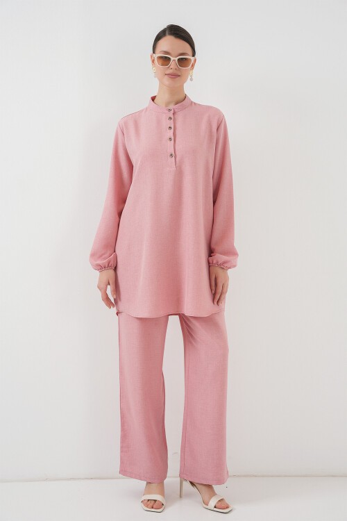 Merterium 6678 Keten Tunik Pantolon İkili Takım - Pembe