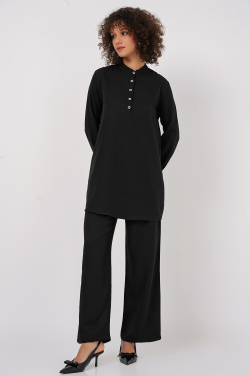 Merterium 6678 Keten Tunik Pantolon İkili Takım - Siyah