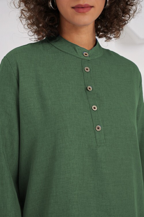 Merterium 6678 Keten Tunik Pantolon İkili Takım - Zümrüt Yeşili