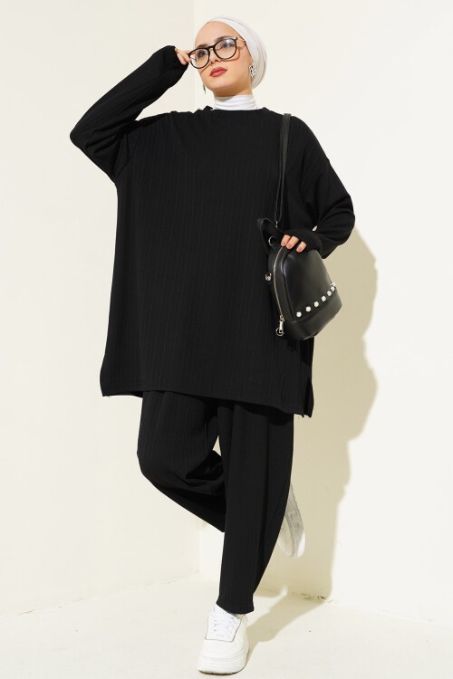 Merterium 6681 Bisiklet Yaka Tunik Pantolon İkili Takım - Siyah