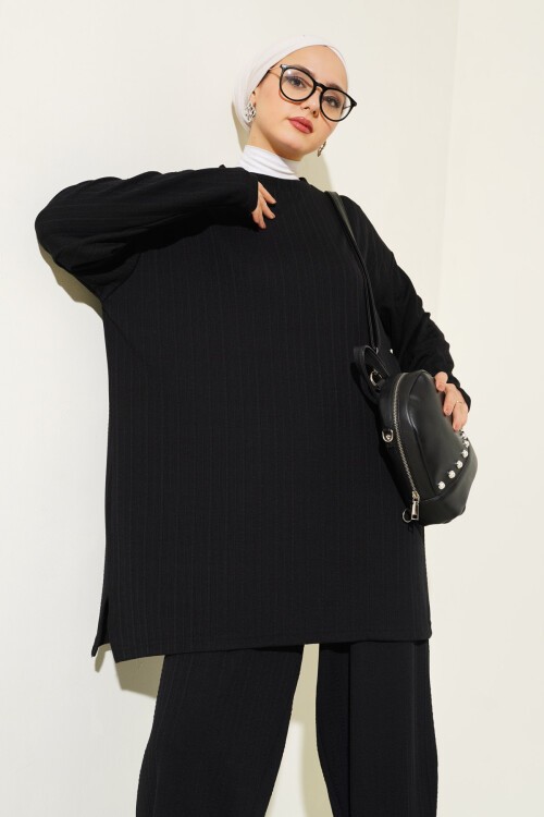 Merterium 6681 Bisiklet Yaka Tunik Pantolon İkili Takım - Siyah