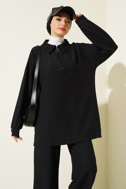 Merterium 6684 Bol Paça Pantolon Tunik İkili Takım - Siyah