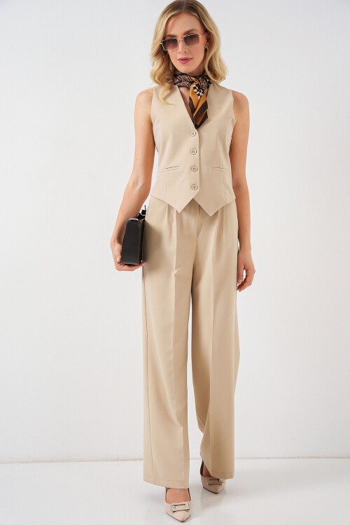 Merterium 6709 Kadın Yelek Pantolon İkili Takım - Bej