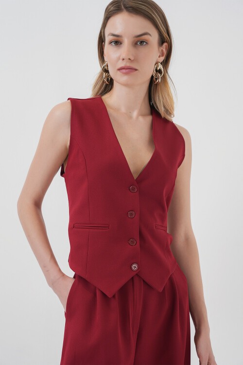 Merterium 6709 Kadın Yelek Pantolon İkili Takım - Bordo
